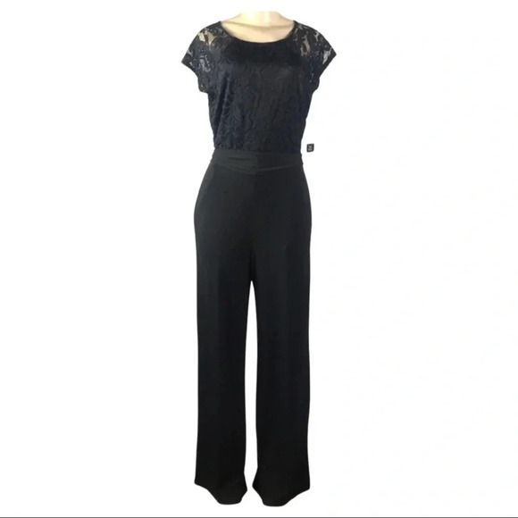 BCX Size 11 Black Wide Leg Lace Top One Piece Waist Tie Pantsuit. New With Tags - Picture 1 of 6